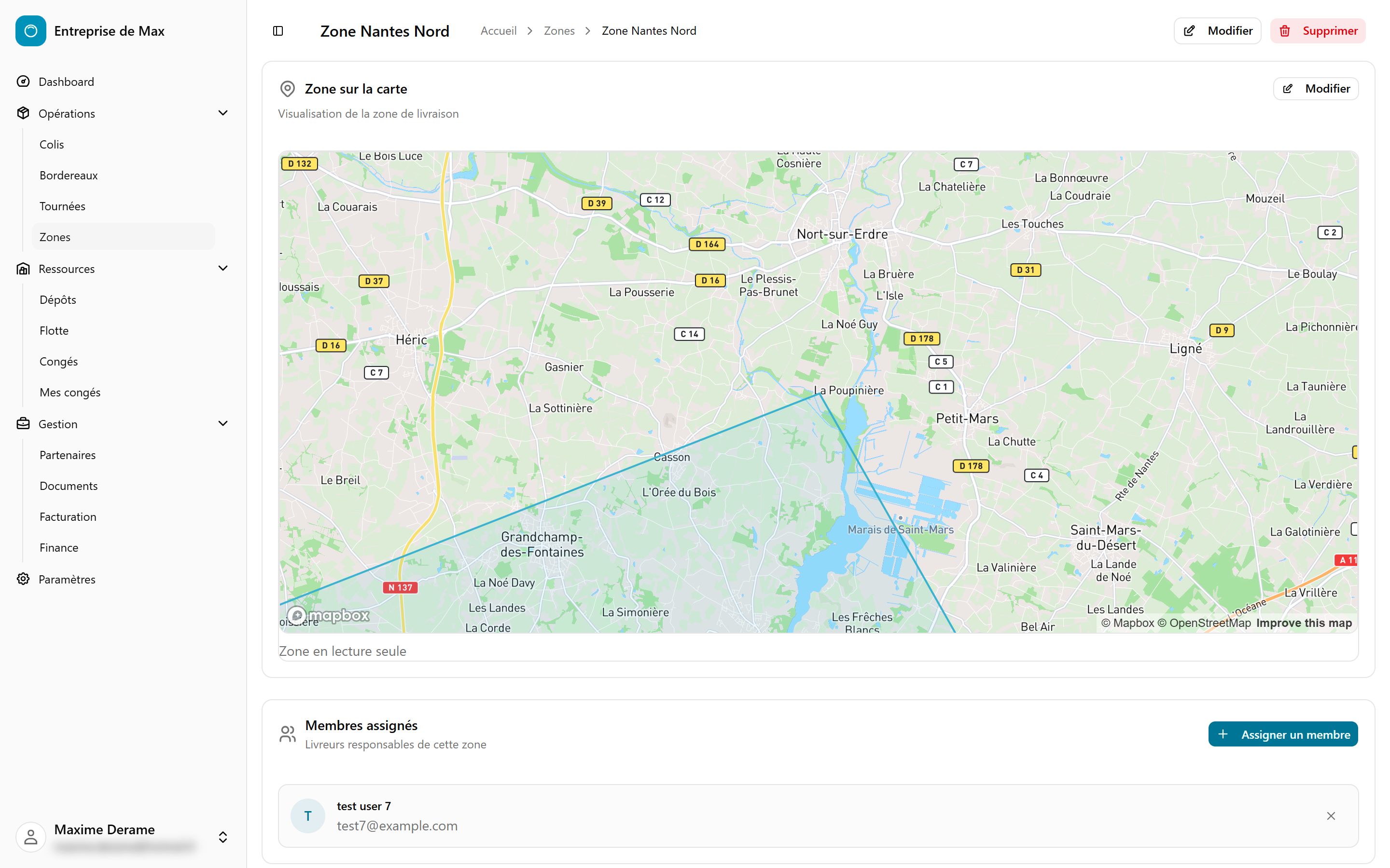 Détail d’une zone : périmètre affiché sur la carte et membres assignés